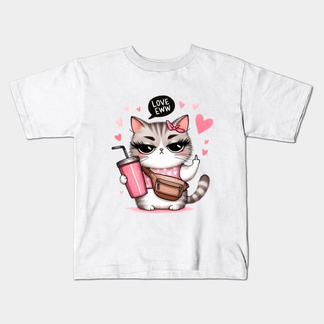 Love Eww Funny Cat Anti Valentines Day Kids T-Shirt by Nessanya